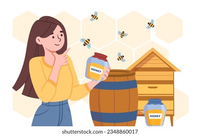 Woman take honey concept. Young girl with glass jar near apiary. Bees with honetcomb and barrell. Natural and organic sweet products. Dessert and delicacy. Cartoon flat vector illustration