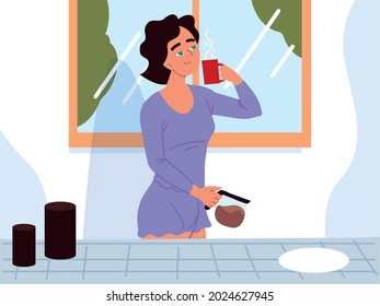 woman take hot coffee in kitchen