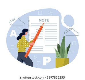 Woman take notes. Young girl writes down goals with pencil. Motivation and leadership, planning and strategy development, schedules. Time management concept. Cartoon flat vector illustration