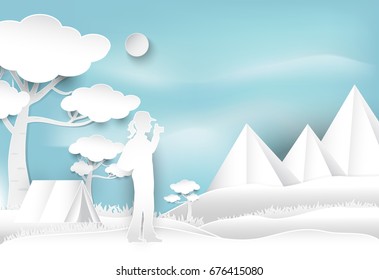 Woman take a photo and camping on hill in the forest, landscape background, paper art style illustration