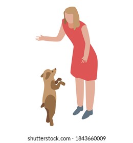 Woman take puppy dog icon. Isometric of woman take puppy dog vector icon for web design isolated on white background