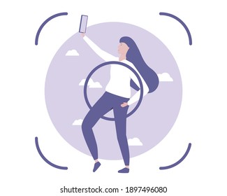 Woman take selfie. Photography frame. Self-development. Vector illustration for telework, remote working and freelancing concept, business, start up.
