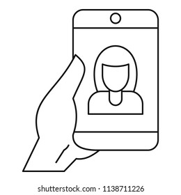 Woman take selfie smartphone icon. Outline woman take selfie smartphone vector icon for web design isolated on white background
