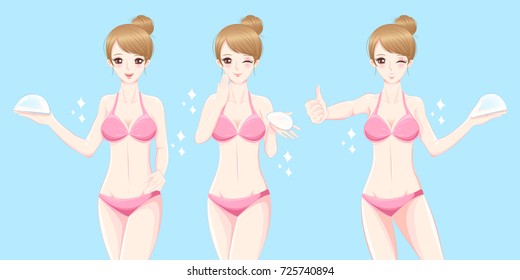 woman take silicone breast implant on the blue background