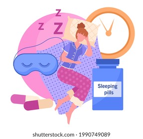 Woman take sleeping pills to have sound sleep. Sleep disturbance, exhausted character suffers from insomnia, biological clock, body rhythm. Flat abstract metaphor cartoon vector concept design
