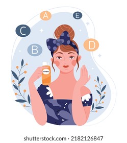 Woman take vitamin. Young girl with cosmetics takes care of her skin and health. SPA procedures, beauty and hygiene concept. Medical poster or banner for website. Cartoon flat vector illustration