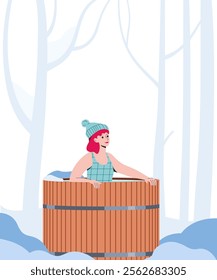 A woman takes a bath in the fresh frosty air in a wooden font. Traditional Japanese bathroom. Hand drawn vector illustration.