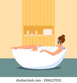 A woman takes a bath with a mask on her face. Home spa salon. A relaxing bath with candles and foam and bubbles. Self-care. Time for yourself. vector illustration in the flat style. The concept.
