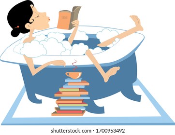 Woman takes a bath, reads a book and drinks coffee or tea illustration. Smiling young woman lies in the bathtub, has coffee or tea and reads books isolated on white
