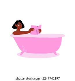 a woman takes a bath and reads a book. vacation. hand drawn vector illustration in flat style