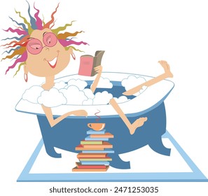 Woman takes a bath, reads a book and drinks coffee or tea. 
Smiling young woman lies in the bathtub, has coffee or tea and reads books isolated on white
