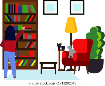 A woman takes a book from a bookcase. The concept of home stay