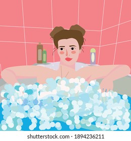 a woman takes a bubble bath. home spa treatments. stock vector illustration of rest and self-care during self-isolation.