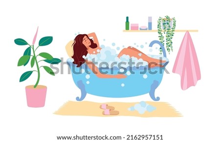 A woman takes a bubble bath. Vector cartoon flat illustration of a girl relaxing in a bubble bath. Bathroom interior with plants, towel and shampoo.