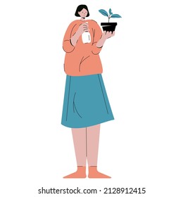 Woman takes care of house plants. The concept of gardening hobbies and gardening, household chores. Flat vector illustration isolated on white background