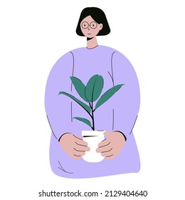 Woman takes care of house plants. The concept of gardening hobbies and gardening, household chores. Flat vector illustration isolated on white background