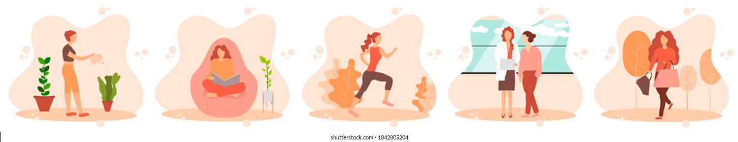 The woman takes care for houseplants, read a book, jogging, takes care of her patients and shopping. White background. Vector illustration with woman doing her daily routine.