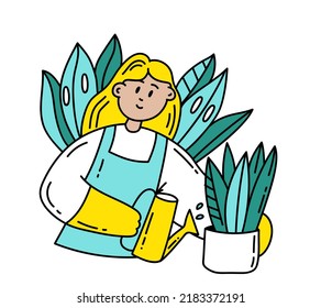 Woman takes care of an indoor plant. Woman watering house plant. House plant hobby. Doodle vector illustration. Growing houseplant.Urban jungle illustration. Wellness philosophy