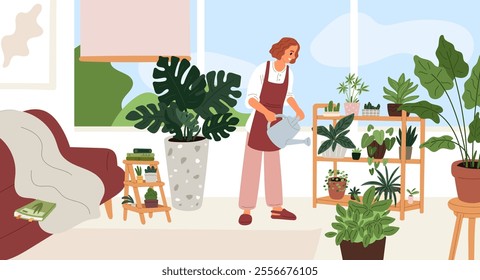 Woman takes care of indoor plants. Happy girl watering potted flowers. Cozy interior. Palm and succulent in flowerpots. Home gardening process. Domestic greenhouse