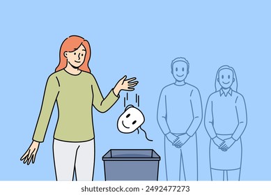 Woman takes care of own personality and throws mask that hides mood and emotions into bucket. Concept of importance of person personality and finding true self, which allows one to achieve sincerity