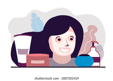 Woman takes care of skin. Cute girl in face mask improves condition of skin. Caring of face condition. Self care concept. Cosmetics products. Skincare routine and mask applying. Vector illustration