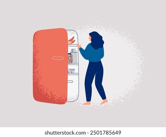 Woman takes a food from Fridge. Hungry girl looks into Refrigerator for midnight snack. Healthy and unhealthy eating habits concept. Vector illustration