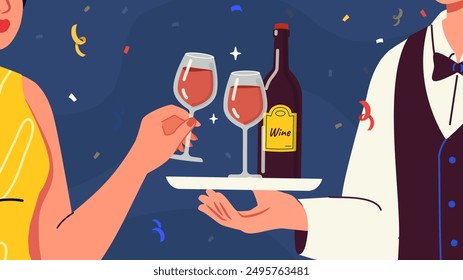 La mujer toma una copa de vino. Hombre de uniforme con bandeja de vino cerca de la niña. Persona con vaso con bebida alcohólica. Fiesta, fiesta y evento. Personas con la vida nocturna. Ilustración vectorial plana