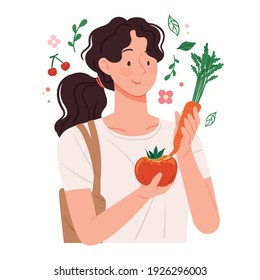 A woman takes a look at the eco-friendly agricultural products. Organic vegetables concept illustration.