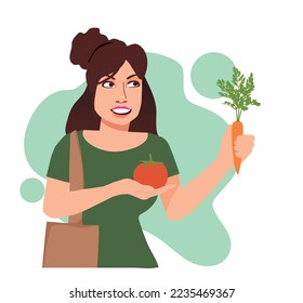 A woman takes a look at the eco-friendly agricultural products. Organic vegetables concept illustration.