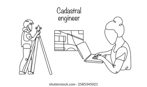 A woman takes measurements of the site and geodetic work. After this, she prepares documents for registering property rights and entering data into the real estate register. Cadastral engineer.