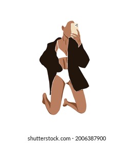 Woman Takes A Mirror Selfie With A Smartphone. Fit Female Wearing A Blazed And Underwear. Set Of Abstract Vector Illustrations. Summer Trendy Simple Icons. Instagram Or Blog Post, Flyer Design