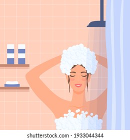 Woman Takes A Morning Shower In Bathroom And Wash Hair.Self Care Routine. Beautiful Girl Heroine Character. Idea Of Beauty And Hygiene. Isolated Vector Illustration In Cartoon Flat Style. Concept.