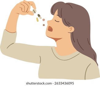 A mulher toma várias pílulas ou suplementos, ilustrando a ingestão de medicamentos, tratamento ou gestão da saúde. Ideal para conteúdo relacionado a saúde, farmácia, doença ou bem-estar.