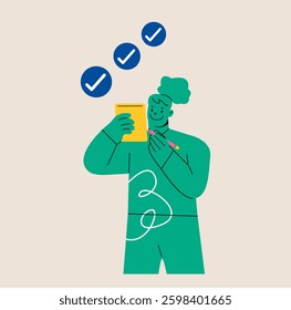 Woman takes notes  and done mark. Colorful vector illustration 
