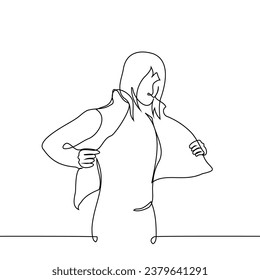 woman takes off her jacket - one line art vector. concept undressing, transition from winter clothes, trying on outerwear