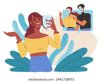 Una mujer se quita la máscara. Chica joven con máscaras faciales con emociones y sentimientos. Pretendiente y mentiroso esconden verdaderos pensamientos bajo la máscara. Ilustración plana del vector de la historieta aislada sobre fondo blanco