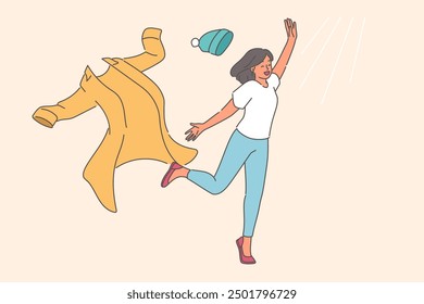 Woman takes off winter clothes and runs towards sun rays, rejoicing at onset of summer or warming temperatures. Happy girl laughs enjoying sunny weather and opportunity to take walk after warming