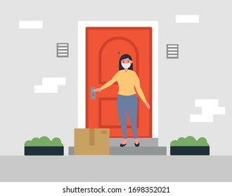 Woman takes a parcel delivered to th edoor while quarantine.Contactless delivery. Flat vector illustratoion.