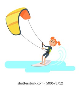 Woman takes part at kite surfing Spain festival isolated on white. Kitesurfing is style of kiteboarding. Girl windsurfing on water surface with air kite. Water sport vector illustration in flat style