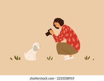 A woman takes a photo of a cute white dog. Flat vector illustration.