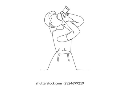 A woman takes a picture of the top view. World photography day one-line drawing