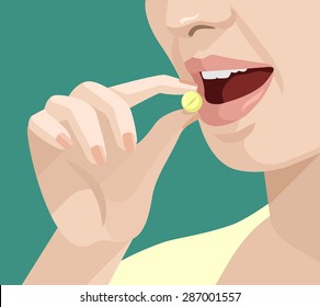 Woman takes a pill. Vector flat illustration