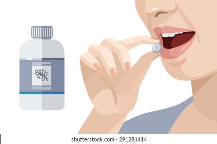 Woman takes a pill. Vector flat illustration