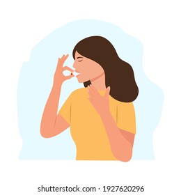 Woman takes a pill.Woman holds a pill in her hand and intends to take it. Chest pain, heartache.Medication treatment, pharmacy and medicine, concept. Vector illustration