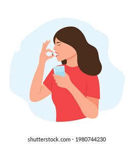 Woman takes a pill.Woman holds a pill in her hand and intends to take it. Girl holding  glass of water in hands. Medication treatment, pharmacy and medicine, concept. Vector illustration