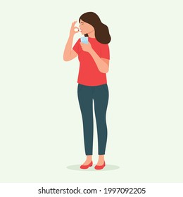 Woman takes a pill.Woman holds a pill in her hand and intends to take it. Girl holding  glass of water in hands. Medication treatment, pharmacy and medicine, concept.Vector illustration