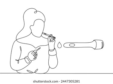 A woman takes a pregnancy test using saliva. New pregnancy test. Early diagnosis of pregnancy. Vector illustration.