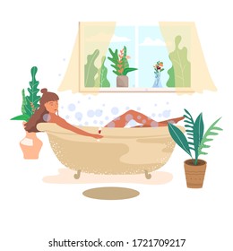 Woman takes a relaxing bath at home and drinks wine cartoon flat vector illustration. A female relaxes after a hard day with a foam bath and wine. 