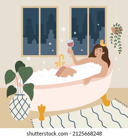 Woman takes a relaxing bath at home and drinks wine. Cartoon female character with rubber duck on head. The girl is enjoying a bubble bath. Flat vector illustration.