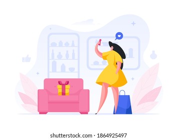Woman takes selfie in fashion store cartoon illustration. Stylish female character in yellow dress posts her photo on social media. Nearby is beautiful gift with red ribbon